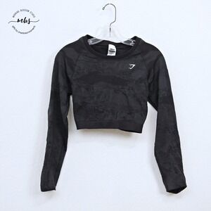 Gymshark Adapt Seamless Lace Up Back Cropped Long Sleeve Camo Top Black Women L